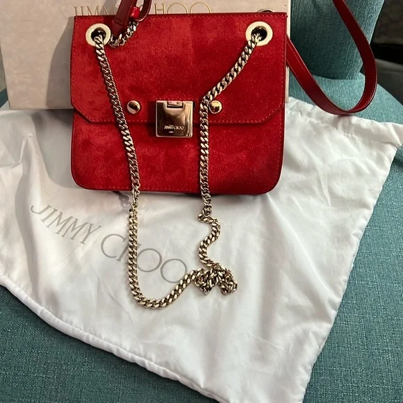 Jimmy Choo Red Suede Chain Shoulder Bag Crossbody with Box & Dust Bag EUC - Picture 10 of 13